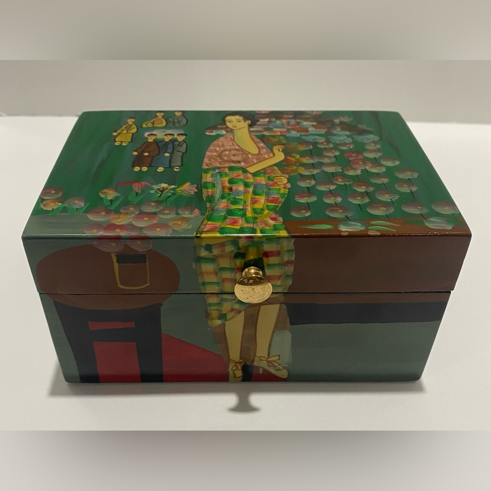 Asian Hand-Painted Lacquer Wood Box Jewelry Japanese Chinese Oriental Hinge Lid